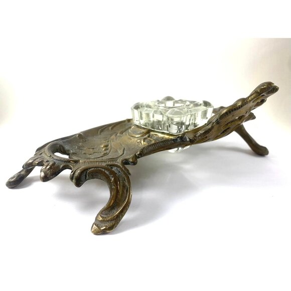 Antique Victorian Brass & Glass Inkwell Holder Desk Accessory With Ornate Design - Picture 3 of 9